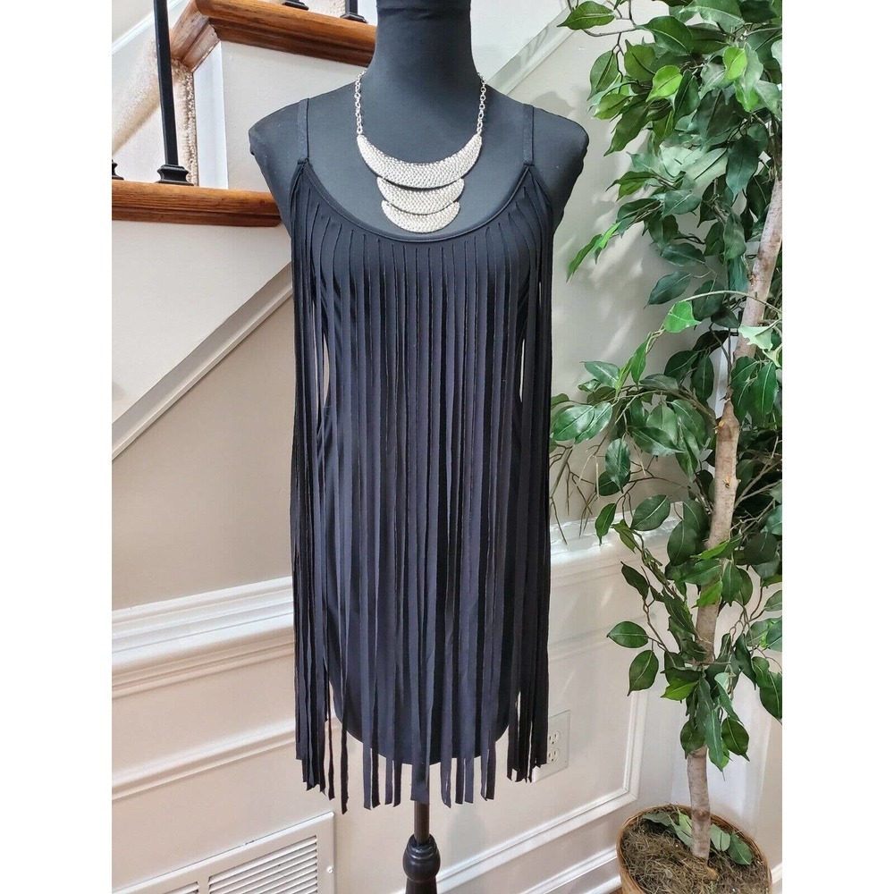Stilletto's Black Polyester Round Neck Strappy Ruffle Knee Length Party Dress S